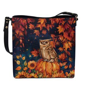 2272 Leather Bucket Handbag Fall Autumn Leaves Owl Print Shoulder Bags Tote